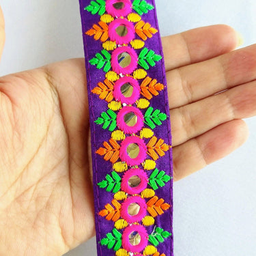 Purple Mirrored Fabric Trim With Fuchsia Pink, Orange, Yellow And Green Embroidery